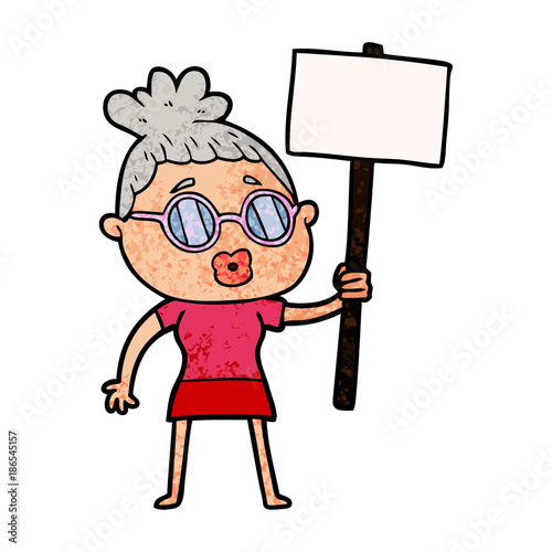 cartoon protester woman wearing spectacles