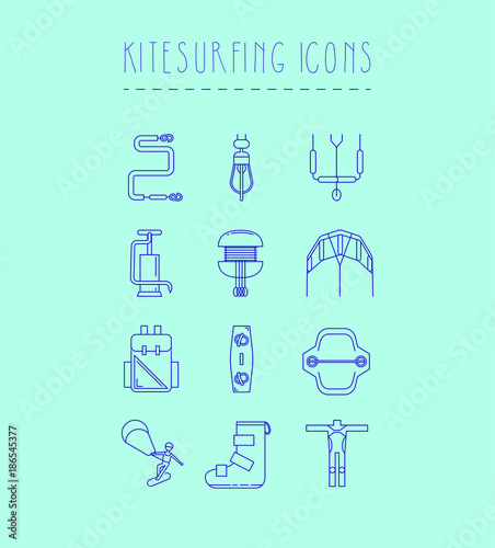 Thin line kitesurfing icon set