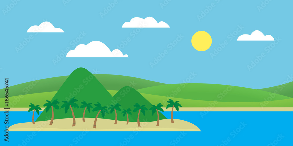 Tropical island in the sea with sandy beach and palm trees under blue sky with clouds and sun