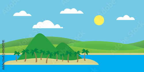 Tropical island in the sea with sandy beach and palm trees under blue sky with clouds and sun