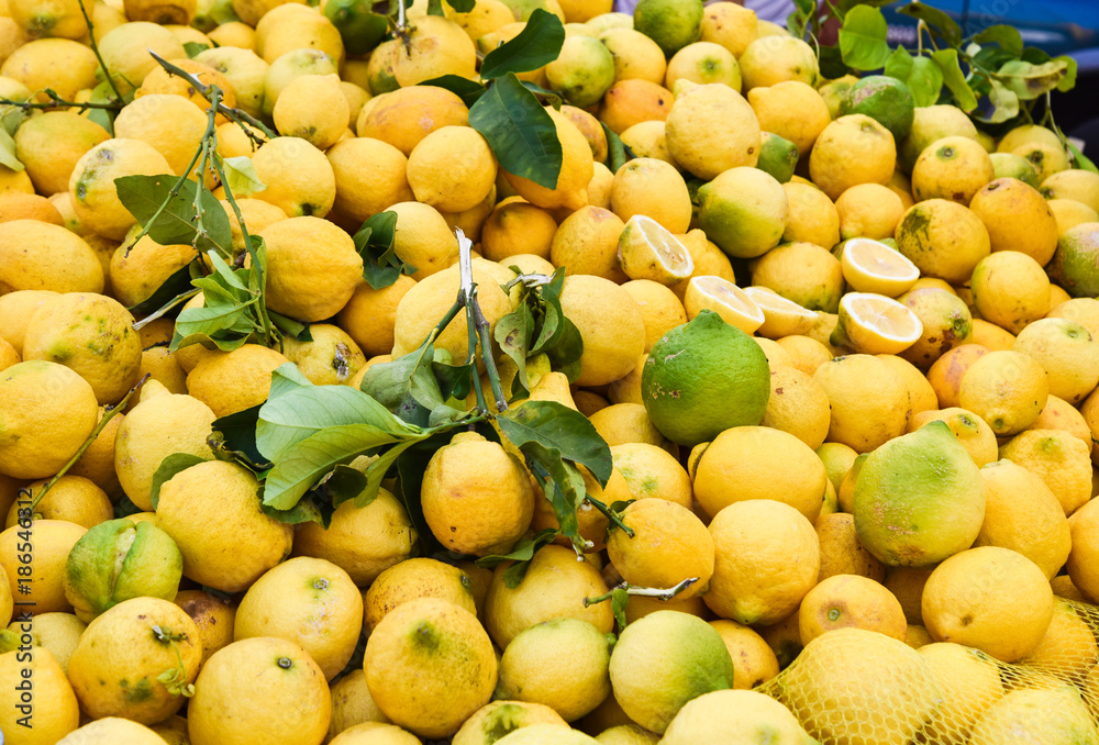 Lemons on market stall display