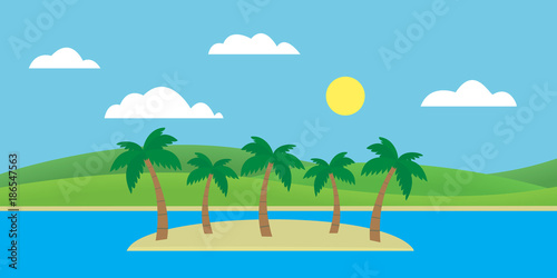 Tropical island in the sea with sandy beach and palm trees under blue sky with clouds and sun