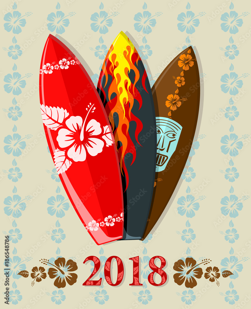Vector illustration of surf boards with 2018 text