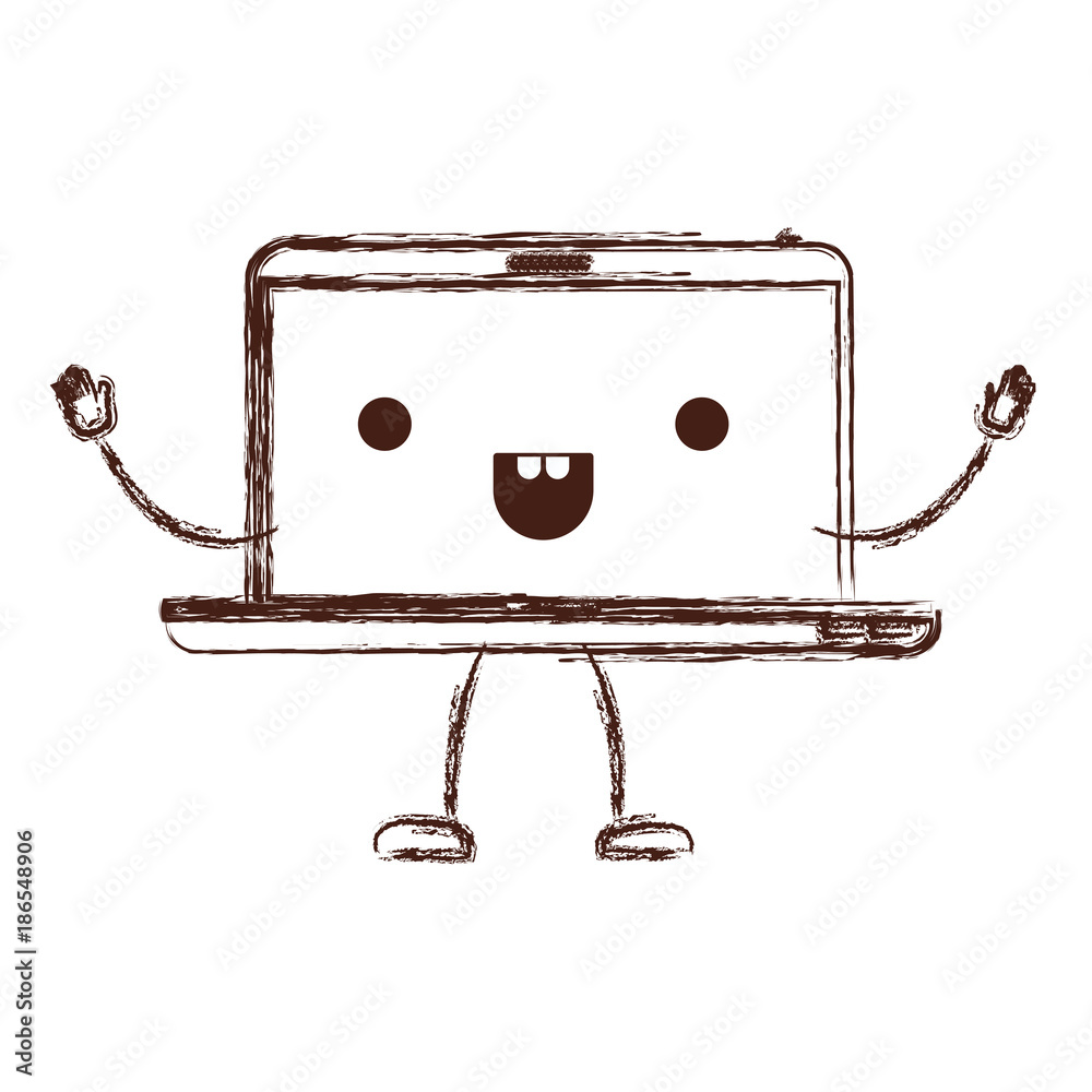 animated kawaii laptop computer in monochrome blurred silhouette Stock ...