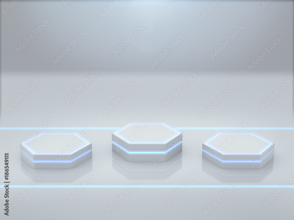 Pedestal for display,Platform for design,Blank product stand with light glow,Future background.3D rendering.