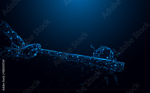 Photography Baseball batter hits the ball form lines and triangles, point connecting network on blue background