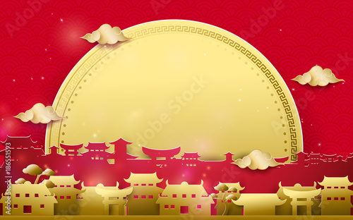 Happy Chinese new year greetings. Gold and red Chinese village with big moon background