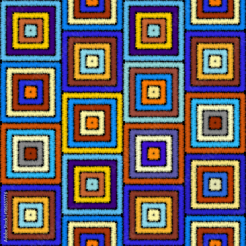 Imitation of geometric embroidery pattern. Colored lines on a black background. Ethnic and tribal motifs. Seamless vector background in the bohemian style.