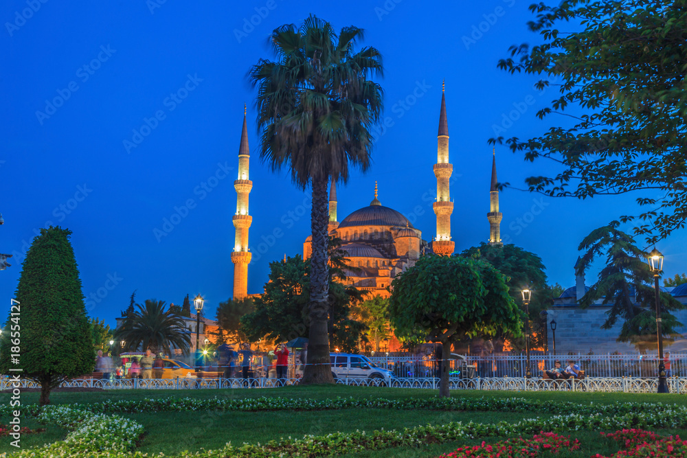Aufhnahme der beleuchteten Sultanahmet Moschee in Istanbul mit Parkanlage und Bäumen im Vordergrund fotografiert in der Abenddämmerung mit tiefblauem Himmel im mai 2014