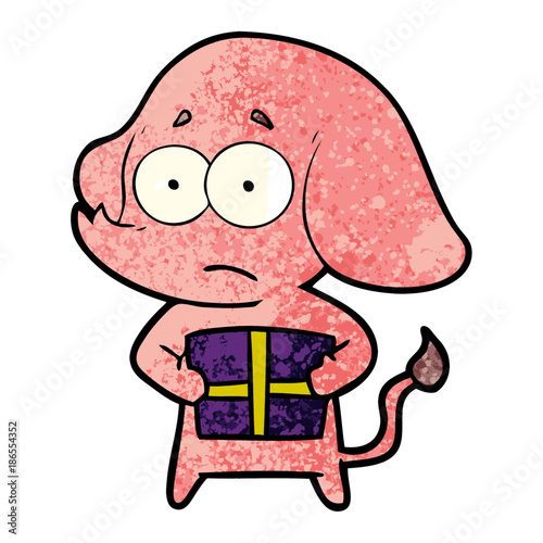 cartoon unsure elephant with christmas present