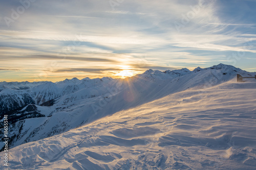 Sunset in ski resort Serfaus Fiss Ladis in Austria