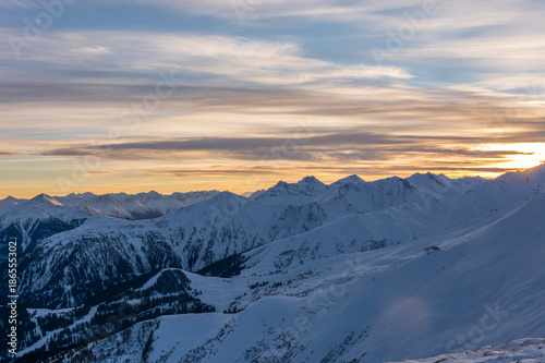 Snowy mountains during sunset in the ski resort Serfaus Fiss Ladis © Asvolas