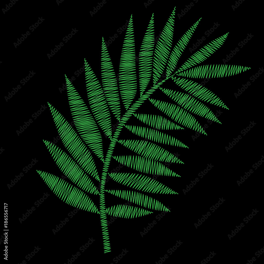 Naklejka premium Green palm leaf embroidery stitches imitation on the black background