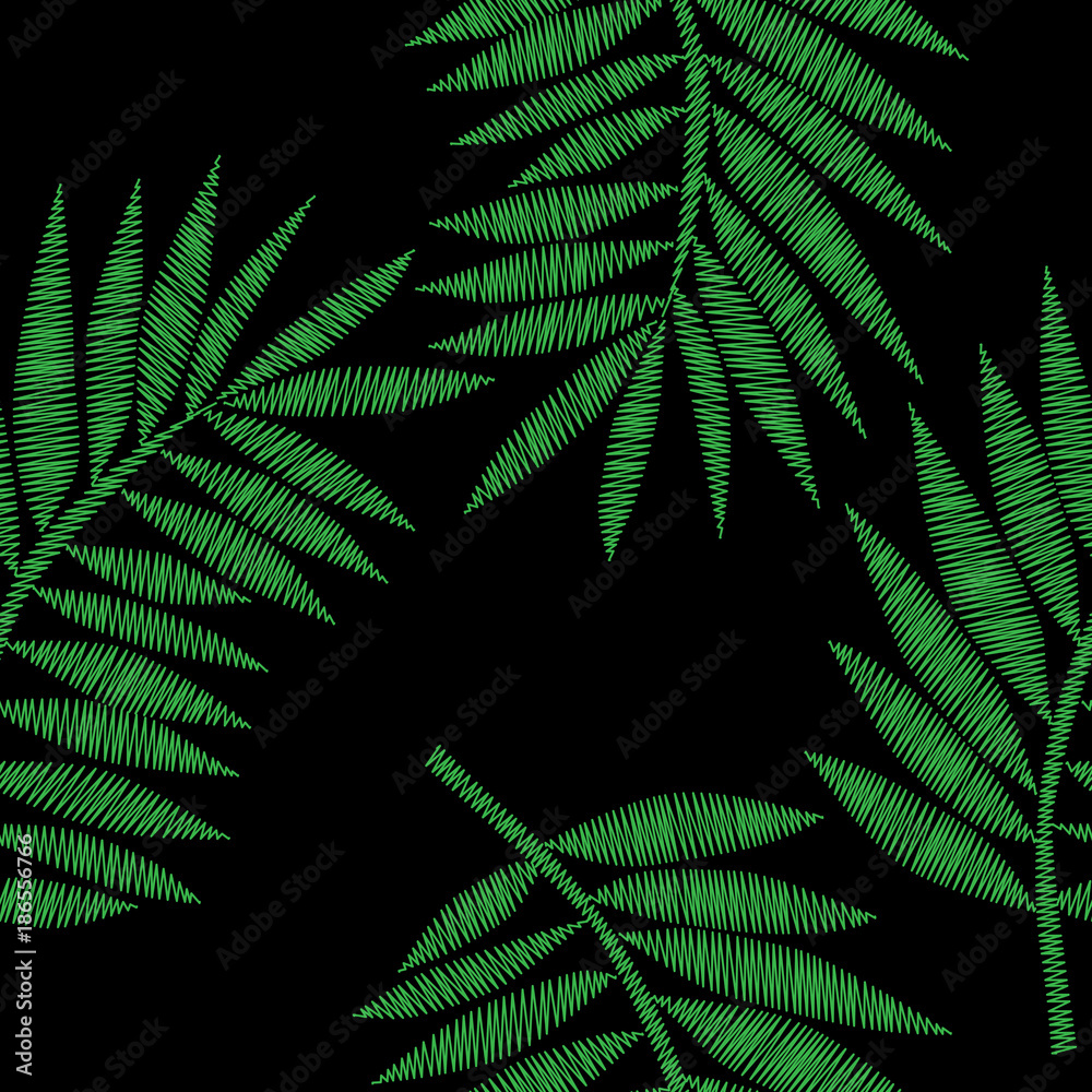 Fototapeta premium Seamless pattern with green palm leaf embroidery stitches imitation on the black background