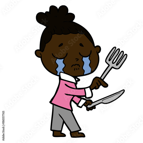 cartoon crying hungry woman pointing
