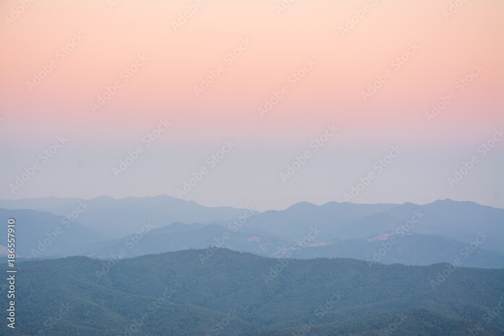 Aerial view landscape mountain and forest at twilight from Doi Samer Dao  in Sri Nan National Park ,  Nan Province of Thailand