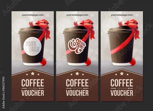 Coffee to Go Vouchers. Coffee Ripple Cup with a Red Ribbon. Vector EPS10