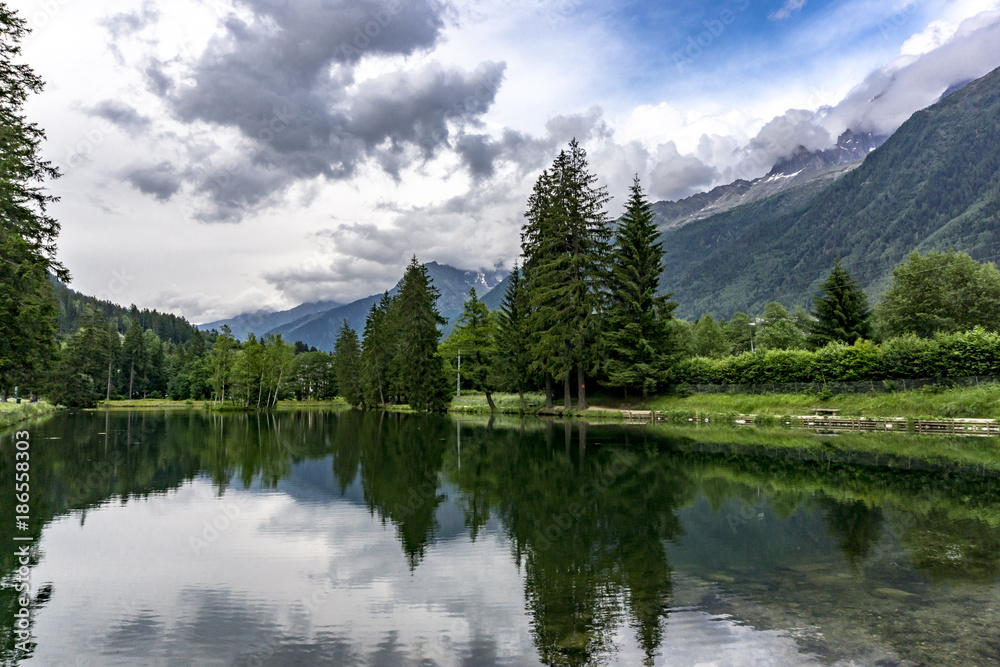Lake Gaillands with a view of the Mont Blanc. Chamonix. France.