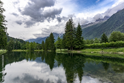 Fototapeta Naklejka Na Ścianę i Meble -  Lake Gaillands with a view of the Mont Blanc. Chamonix. France.