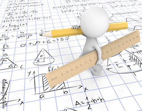 Do the Math. Dude 3D character carrying large wooden Ruler and yellow Pencil. Walking on gridpaper with Math symbols.  3d Render. photo