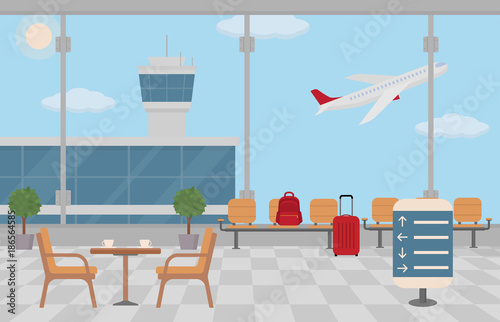 Background of hall at airport. Waiting area and empty coffee table. Flat style, vector illustration. 
