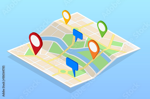 Isometric City navigation map with pins or gps map, cityscape. Vector illustration