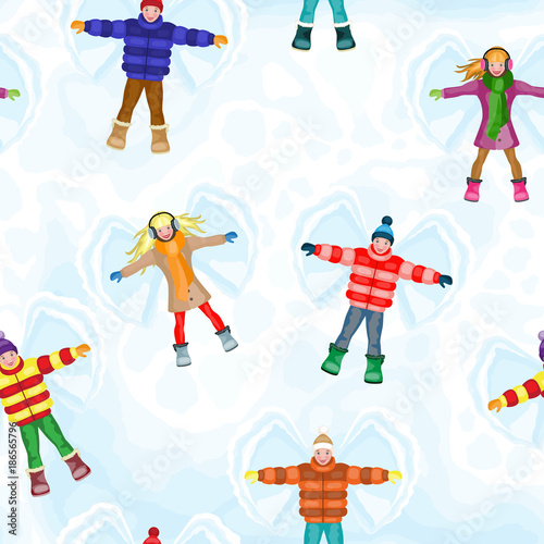 Winter seamless pattern with snow angel people