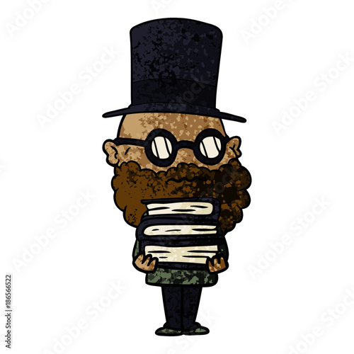 cartoon worried man with beard and stack of books