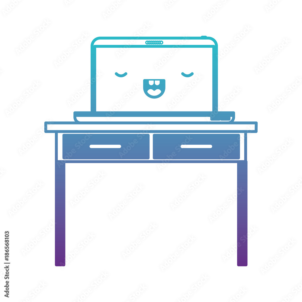 desk table with drawers and kawaii laptop computer above in degraded blue to purple color contour desk table with drawers and kawaii laptop computer above in degraded blue to purple color contour