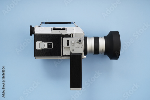 Super 8 Movie Film Camera on Blue Background