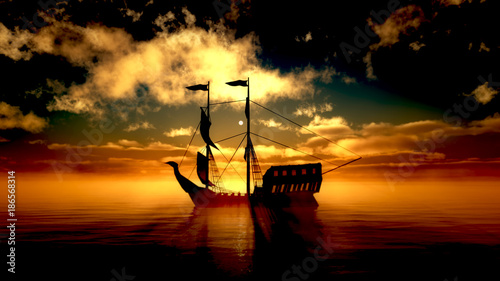 old ship in sea sunset photo