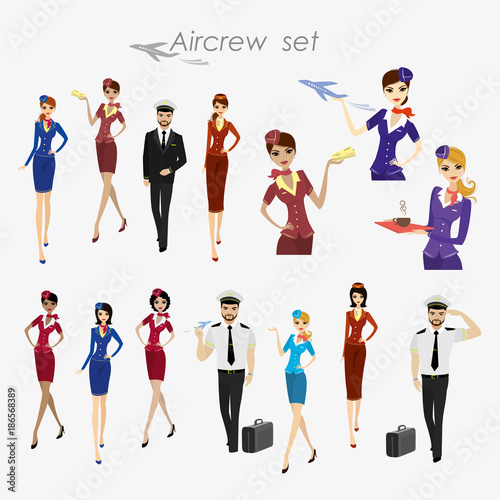 Set Of Aircraft Crew ,stewards and pilots in working form Isolated On White