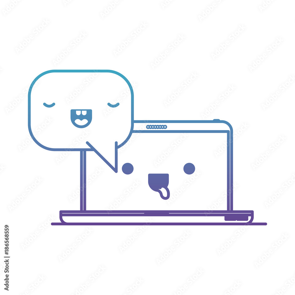 kawaii laptop computer with kawaii speech dialogue in degraded blue to purple color contour