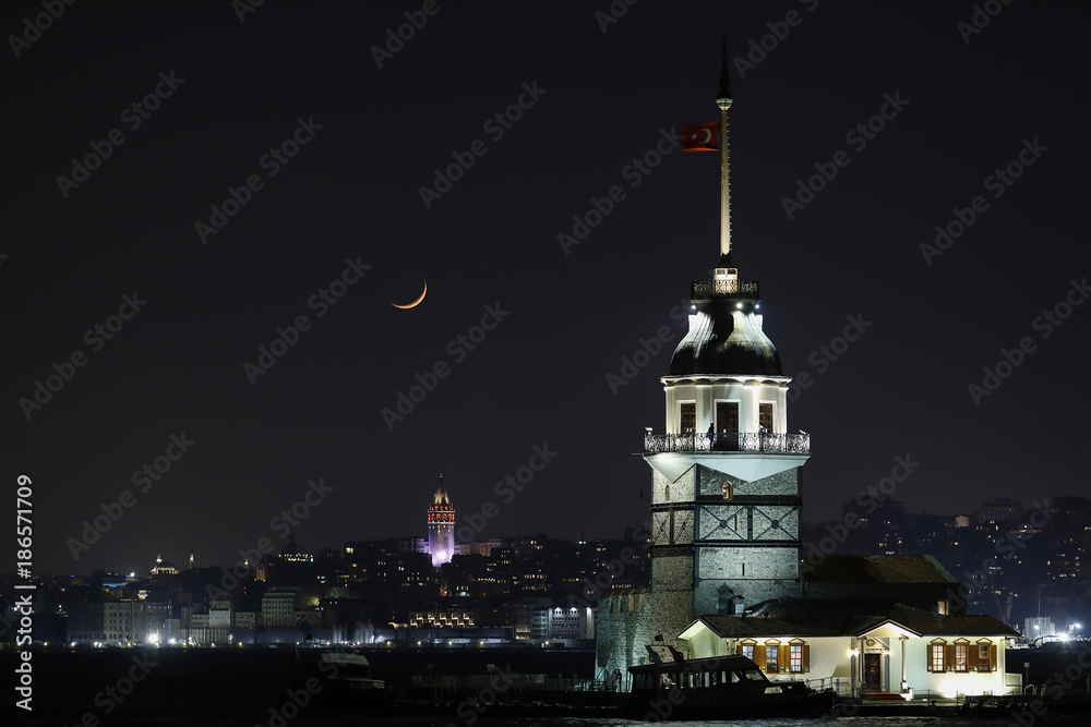 Maiden Tower (Tower of Leandros, Turkish: Kiz Kulesi) tranquil scenery at the entrance to Bosporus Strait in Istanbul, Turkey (KIZ KULESI – SALACAK-USKUDAR)