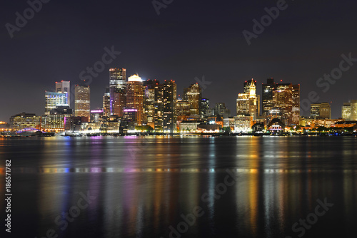 Boston City Skyscrapers, Custom House and Boston Waterfront at night from East Boston, Boston, Massachusetts, USA. © Wangkun Jia