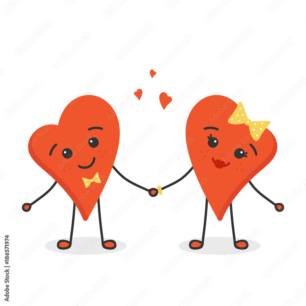 Cute smiling heart cartoon characters in love, holding hands. Vector hand  drawn illustration. Stock Vector | Adobe Stock