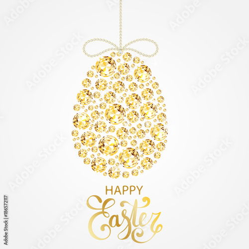 Diamond Easter egg decoration. Shining yellow gemstones in shape of easter egg with diamond bow and golden calligraphy text. Spring festive decoration
