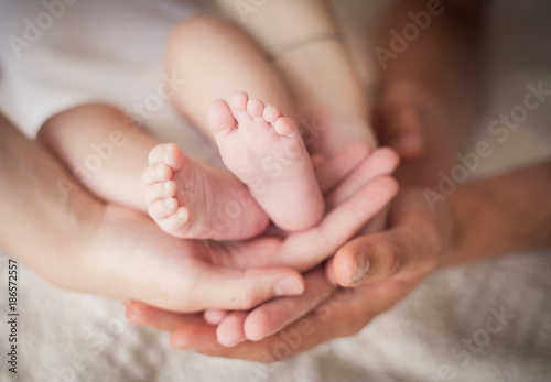 feet of a newborn in the hands of parents