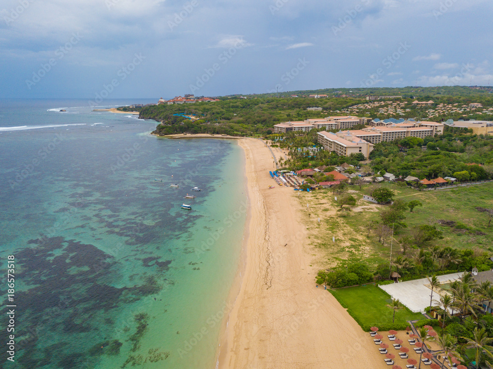 Aerial view of Nusa Dua beach from drone, Bali island, Indonesia