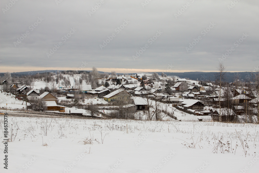 view from the mountain to a snow-clad city