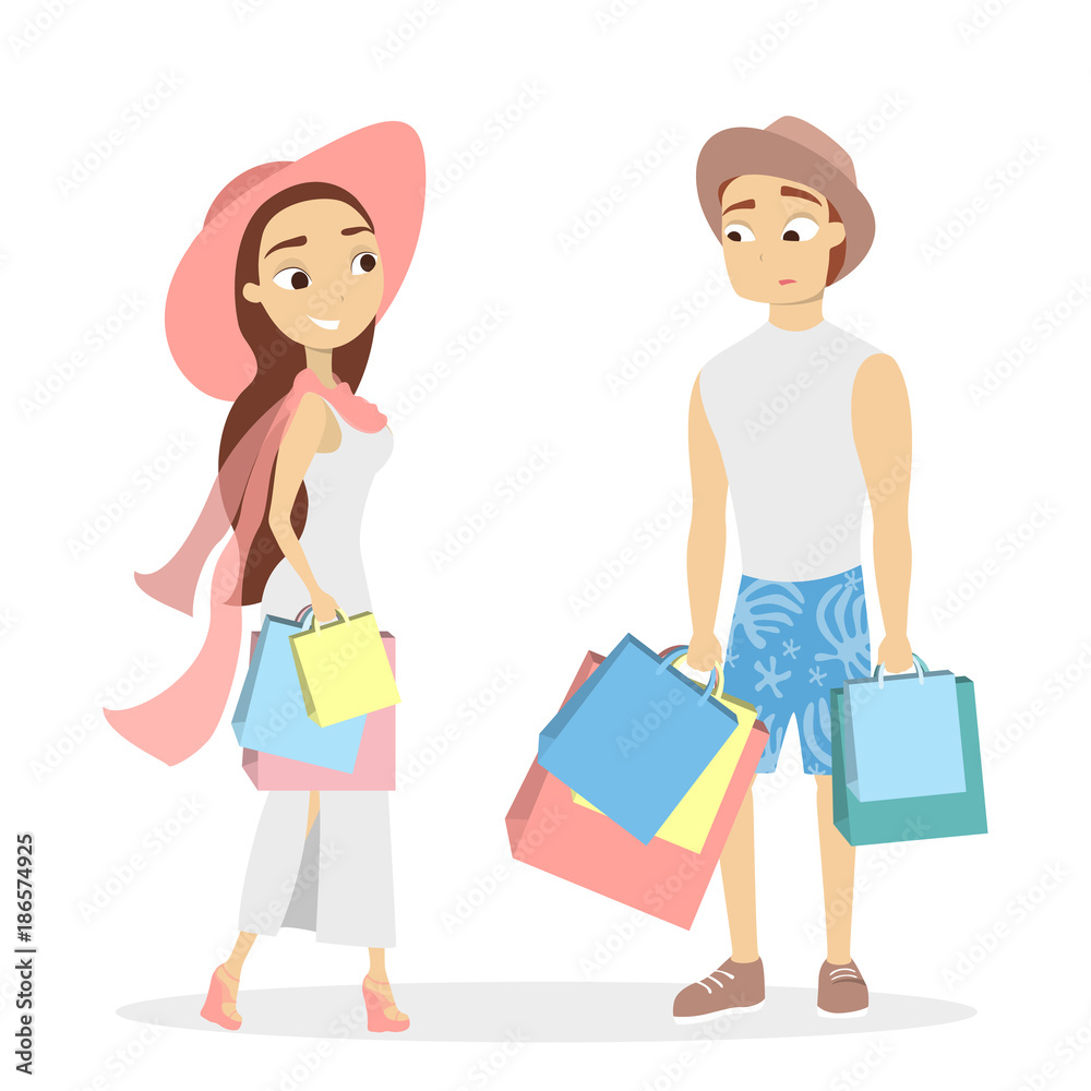 Isolated shopping couple. Isolated shopping couple.