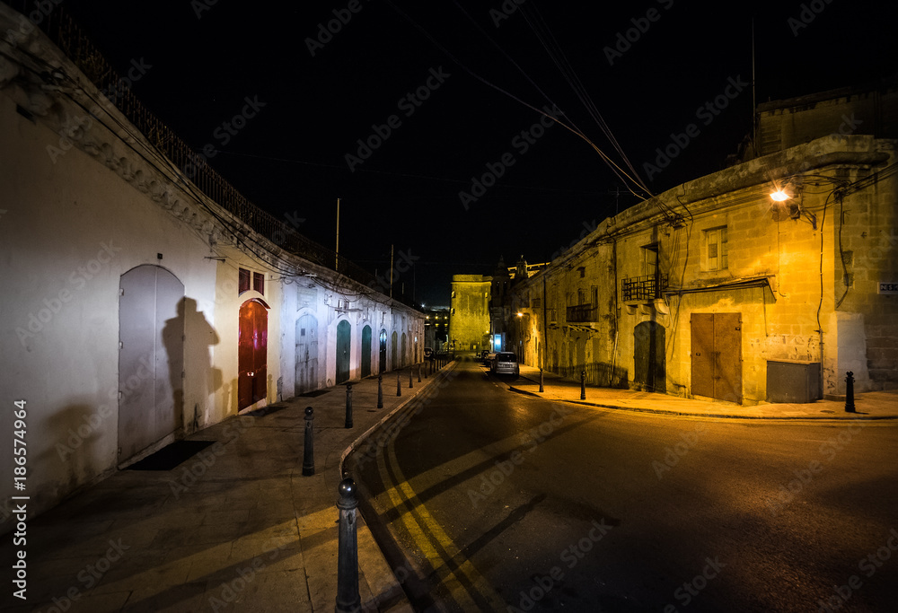 The dark alleys of the old Valletta. Malta.