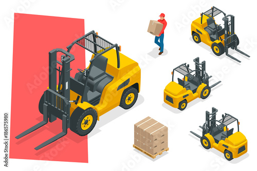Isometric vector forklift truck isolated on white. Storage equipment icon set. Forklifts in various combinations, storage racks, pallets with goods for infographics.
