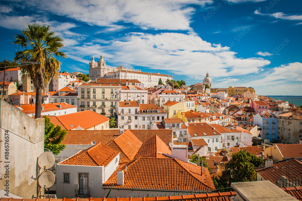 Portugal Lisbon panorama view of the city, roof tops from high point