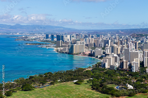 Elevated view of the Waikiki coastline