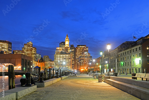 Boston Custom House, Long Wharf and Financial District skyline at night, Boston, Massachusetts, USA.
