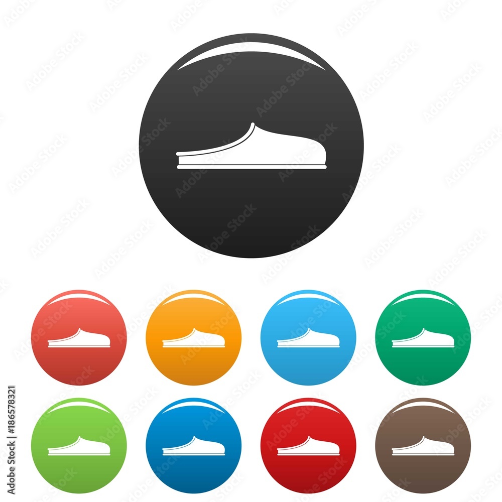 Slippers icons set in simple style many color circle isolated on white background