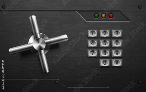 Realistic safe lock metal element on brushed black iron background with rivet. Stainless steel wheel. Vector icon design element. Retro style keypad buttons panel. Safety privacy protection concept.