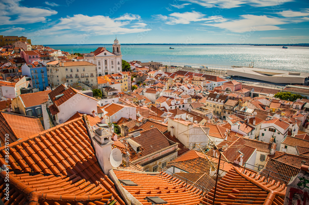 Portugal Lisbon panorama view of the city, roof tops from high point