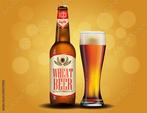 Beer advertisement design. Poster template for classic white beer ad package design. Vector glass bottle and cup with beer, 3d illustration